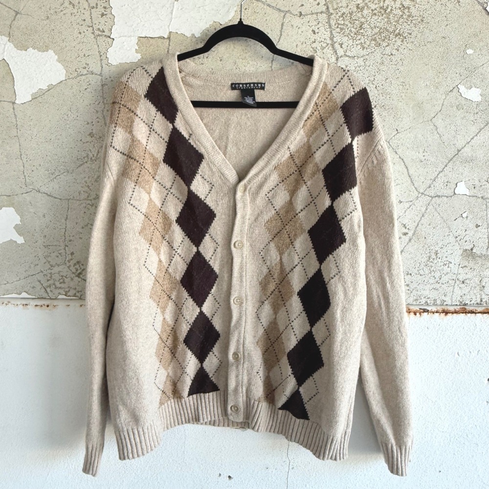 Vintage Cardigan Sweater Argyle Plaid Wool Blend 90s Retro Grandpacore UK Mens L